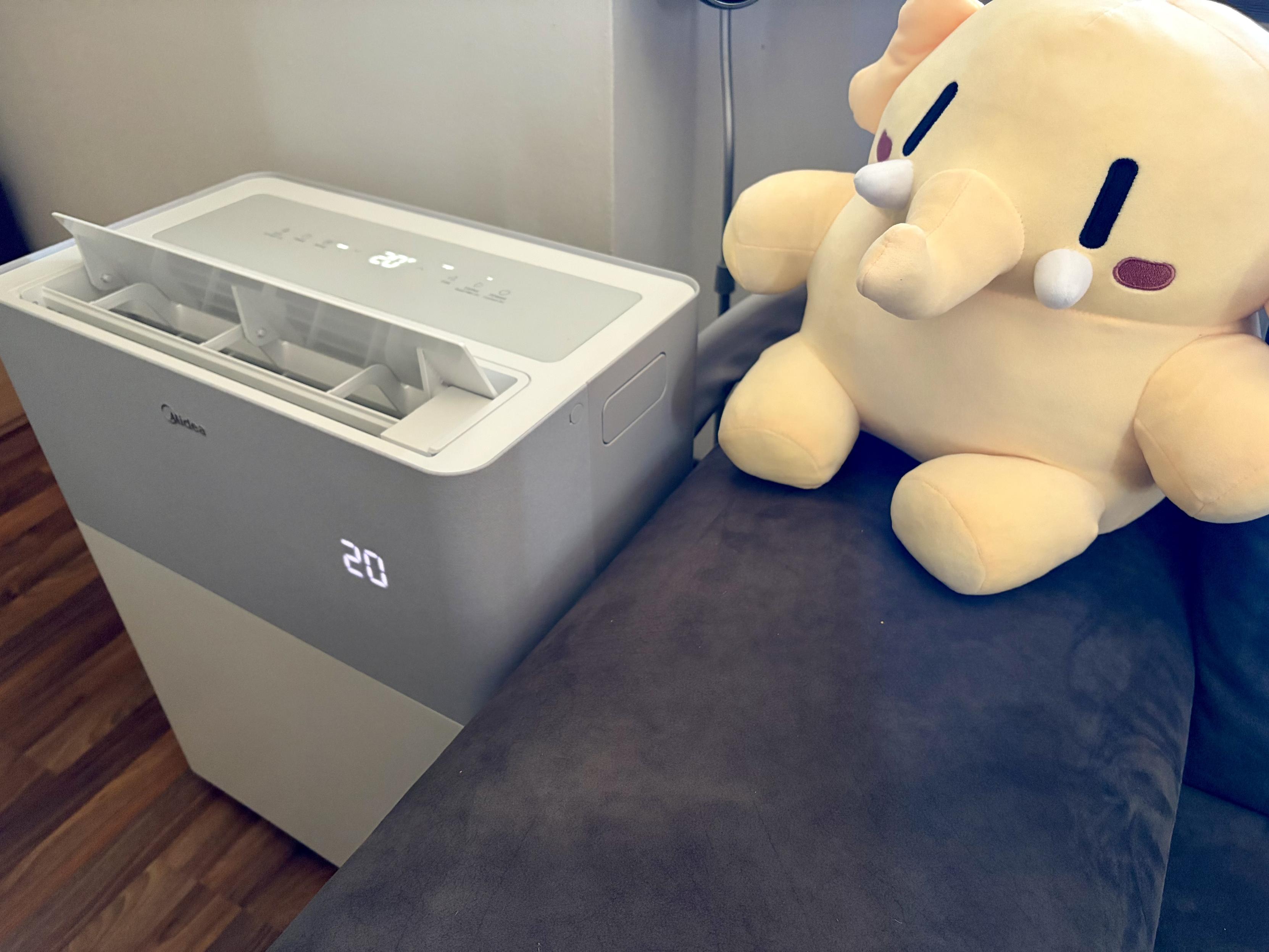 On the left is an air conditioner unit. Next to it is a large, soft, yellow plush toy.