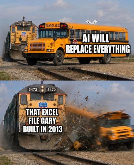 This two-panel image meme contrasts a grand idea about the future with a mundane reality.
Upper Panel
The top half shows a yellow American school bus stalled horizontally across a set of gravel train tracks. The bus is facing right, and behind it, a large Union Pacific freight train is visible, approaching. White capital letters overlaid on the bus read: "AI WILL REPLACE EVERYTHING." This part establishes a bold prediction about technology.
Lower Panel
The bottom half is an action shot showing …