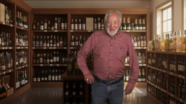 Handlungsort und Personen

    Der Ort: Das Video spielt in einem Laden, vermutlich einem Wein- oder Spirituosengeschäft. Im Hintergrund sind hohe, klassische Holzregale zu sehen, in denen zahlreiche Flaschen dicht aneinander aufgereiht stehen.

    Der Kunde: Ein älterer Herr mit weißen Haaren, einem weißen Vollbart und einem rötlich karierten Hemd, das in eine blaue Jeans gesteckt ist (es handelt sich um den Schauspieler Dieter Hallervorden).

    Der Verkäufer: Ein jüngerer Mann mit kurzen b…
