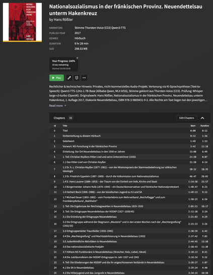 Screenshot einer Audio-/Hörbuch-App im Dark Mode mit der Detailansicht des Titels „Nationalsozialismus in der fränkischen Provinz. Neuendettelsau unterm Hakenkreuz“ von Hans Rößler. 

Oben links ist das rötliche Buchcover zu sehen, daneben Metadaten: Erschienen 2017, Gesamtdauer 6 Stunden 28 Minuten, Größe 298 MB. Als Sprecher ist die KI-Stimme „Thorsten-Voice (CC0) Qwen3-TTS“ angegeben. Der Wiedergabebalken zeigt 100 % Fortschritt mit einem grünen Play-Button darunter.

Ein Hinweistext vermerk…